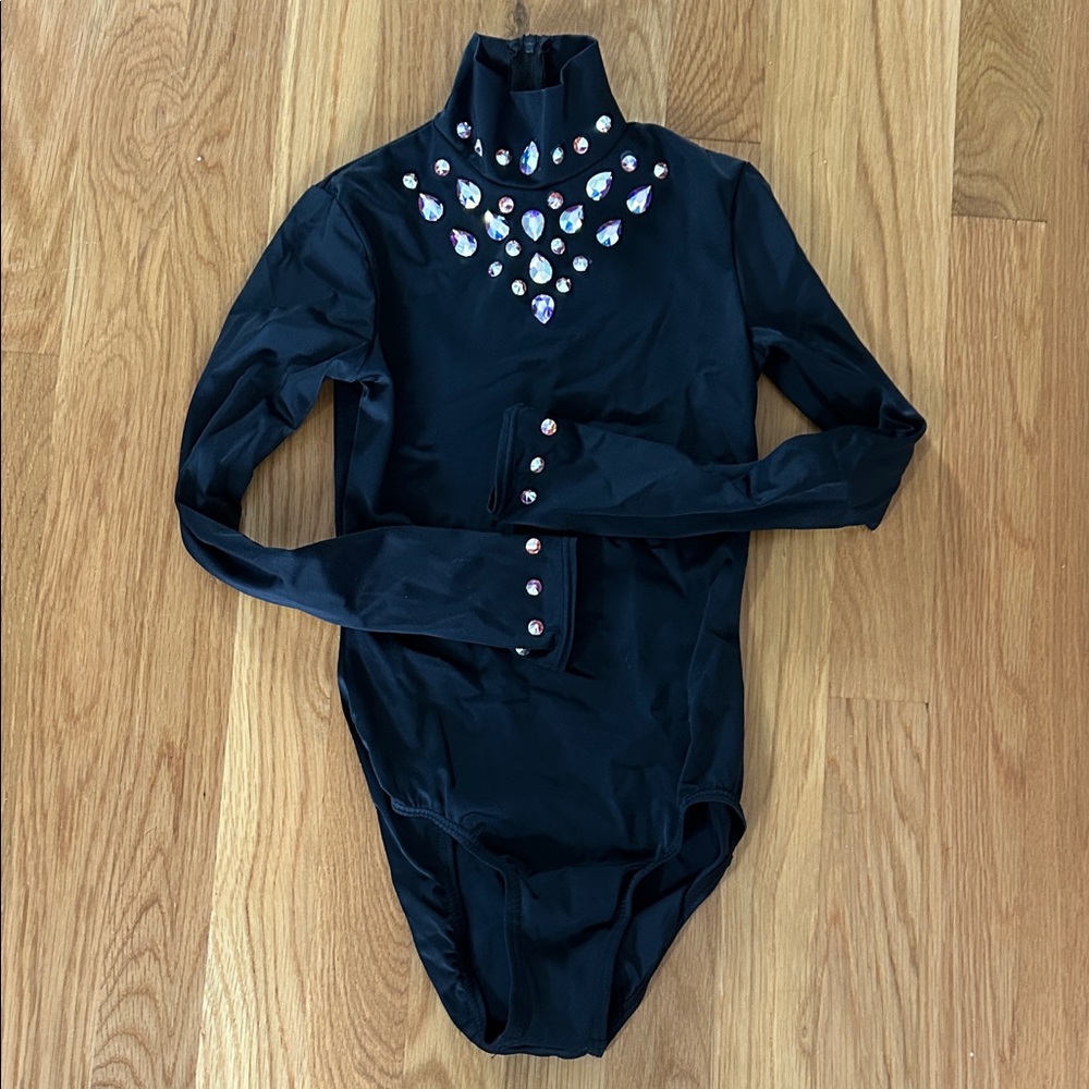 Black Long Sleeve Irish Dance Leotard with AB Swarovski Gem Accents